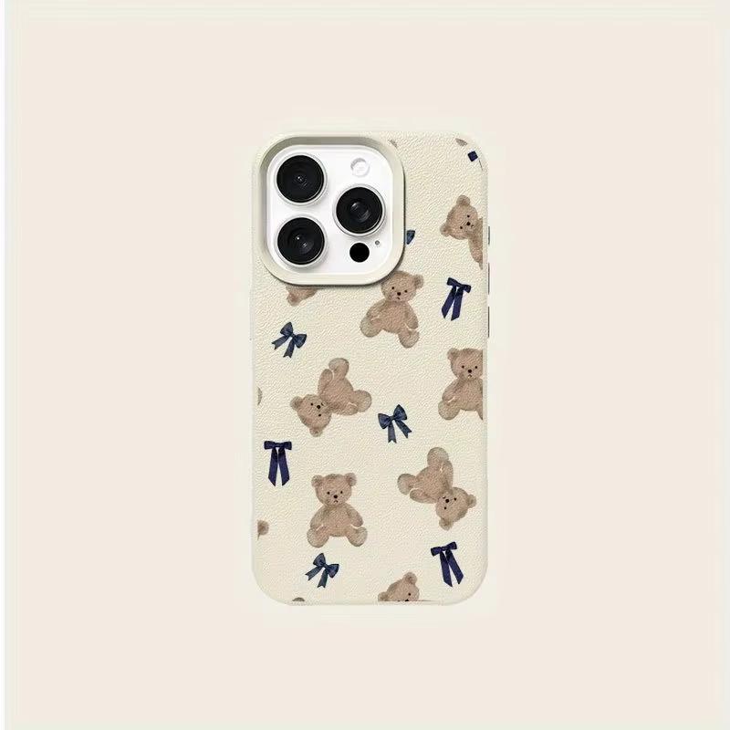 Cute Little Bear Bow Pattern Lychee Phone Case For iPhone 17 Pro Max 11 12 13 14 15 16 Pro 17 Air 15 Plus X XS XR 16E Soft Cover
