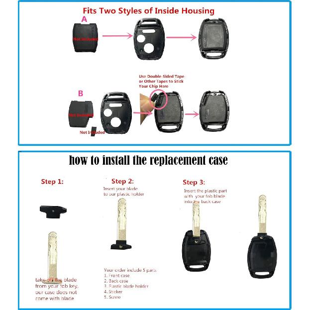 3+1 Buttons Replacement Key Fob Cover Case fit for Honda 2003-2012 Accord 2006-2013 Civic EX 2009-2015 Pilot 2005-2006 CR-V Ridgeline Odyssey Keyless