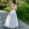 Romantic Ruffle Square Neck Embroidered White Dress Women Vacation Style Sexy Backless Lace-up Slit Fairy Long Dress