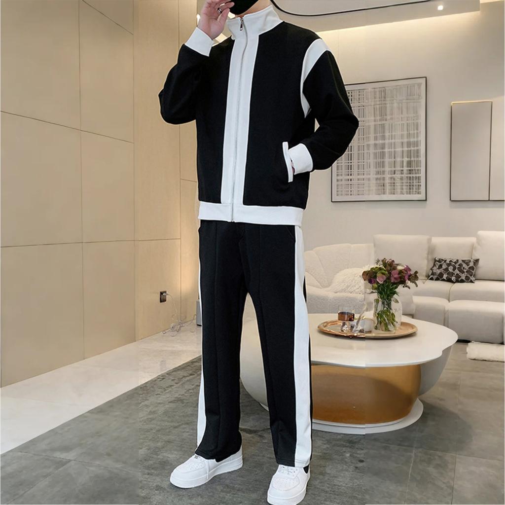 Men's Casual Sports Suit Stand Collar Long Sleeve Patchwork Jacket Drawstring Trousers Suit