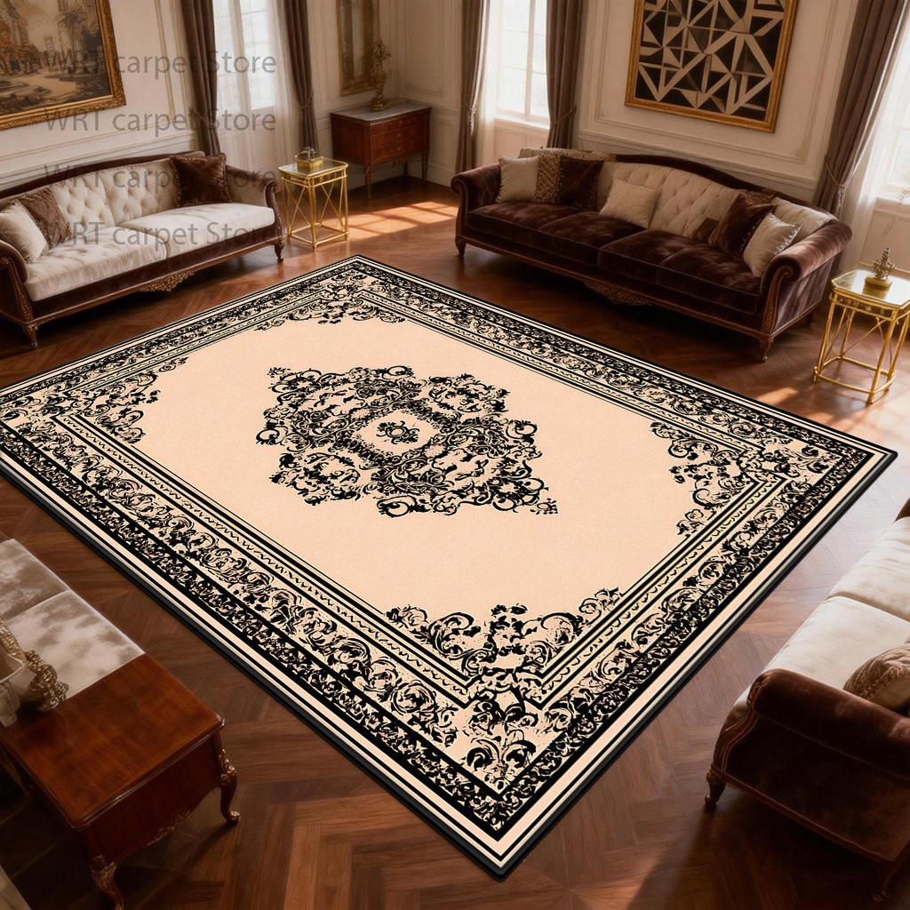 New Classical Black White Flower Pattern Living Room Carpet Retro Decoration Foldable Washable Soft Mat Bedroom Sofa Area Rug