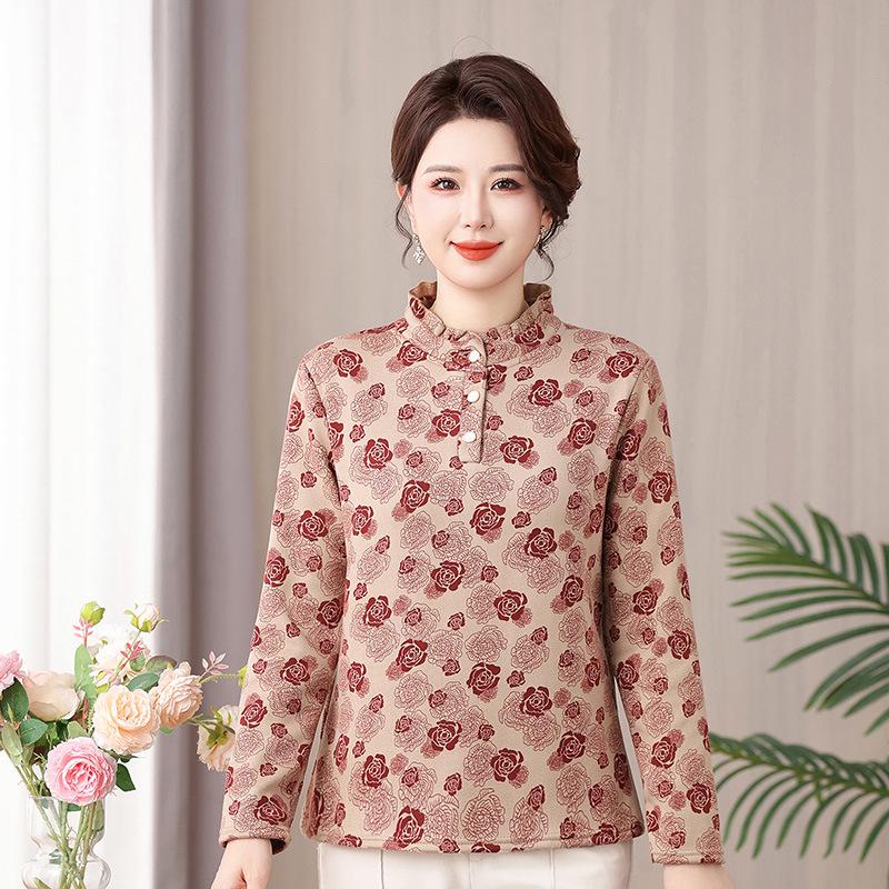 Stylish Printed Long-Sleeve T-Shirt for Middle-Aged & Elderly Women - Autumn/Winter, Warm Base Layer, Plus-Size, Velvet Mom's Wear.