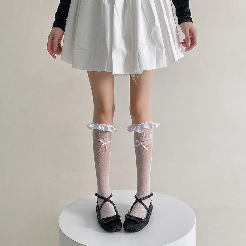 

Сатиновые Кружевные Гольфы Детские Лолита Милая Девочка Носки на Икру Сетчатые Тонкие Бант Японские Jk Носки One size fits all белый