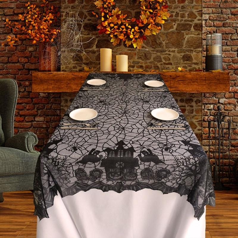 Scary Halloween Table Cover, 53x69inch Rectangles Festival Black Lace Tablecloth Decoration for Festives Occasion