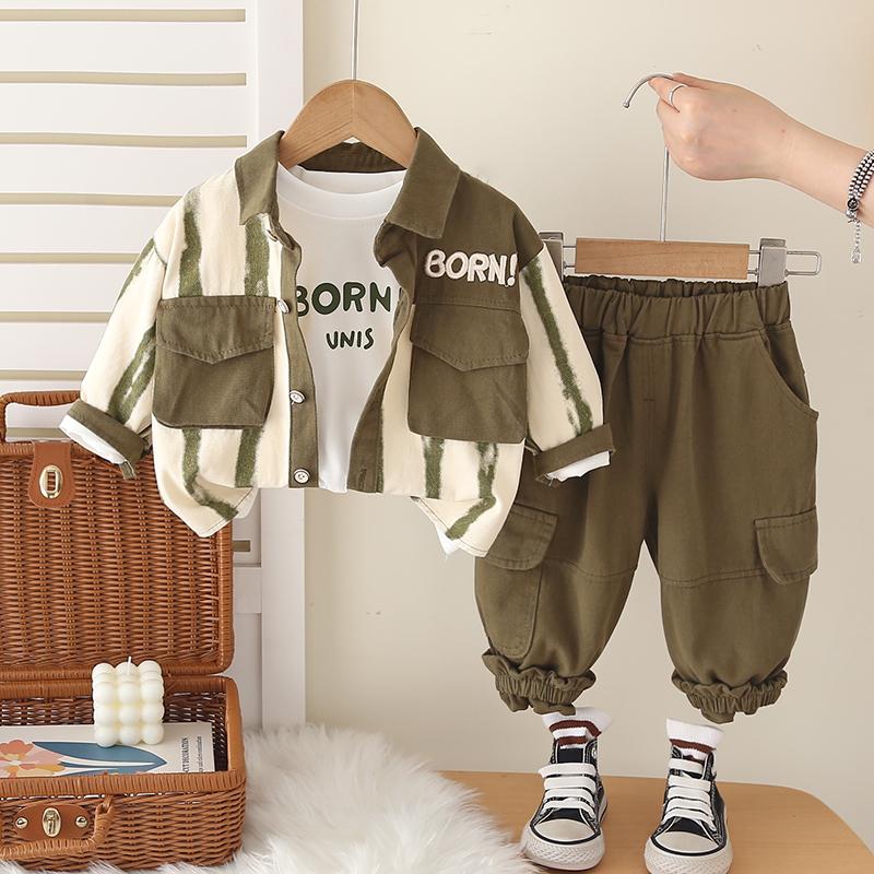 Boys' Long Sleeved 3-piece Set, Autumn and Winter Children's Striped Jacket, White Round Neck T-shirt, Casual Pants, Boys' Fashion Set