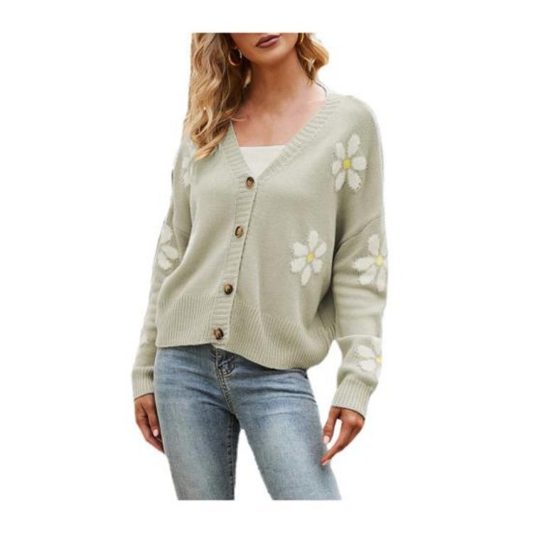 V Neck Floral Pattern Knitwear Cardigan Women Long Sleeve Button Placket Knitting Coat Sweater Jacket