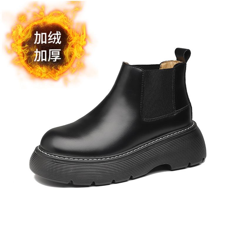 Cigarette boots women's autumn and winter new soft leather platform short boots velvet Chelsea boots British Martin boots