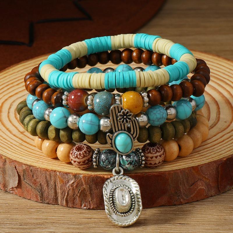 New Turquoise Wood Beads Beaded Alloy Accessories Elastic Line Men's Bracelet