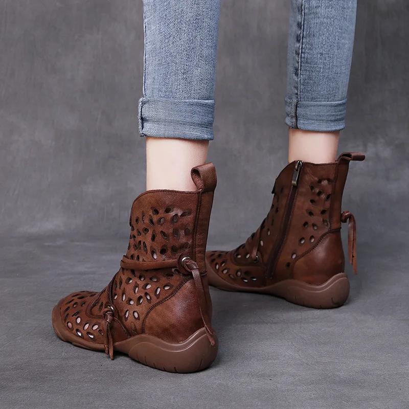 Fashion 3CM Handmade Women Boots Summer Shoes Genuine Cow Leather Breathable Hollow Retro Ethnic Flat Side Zipper Gladiator Boots Women