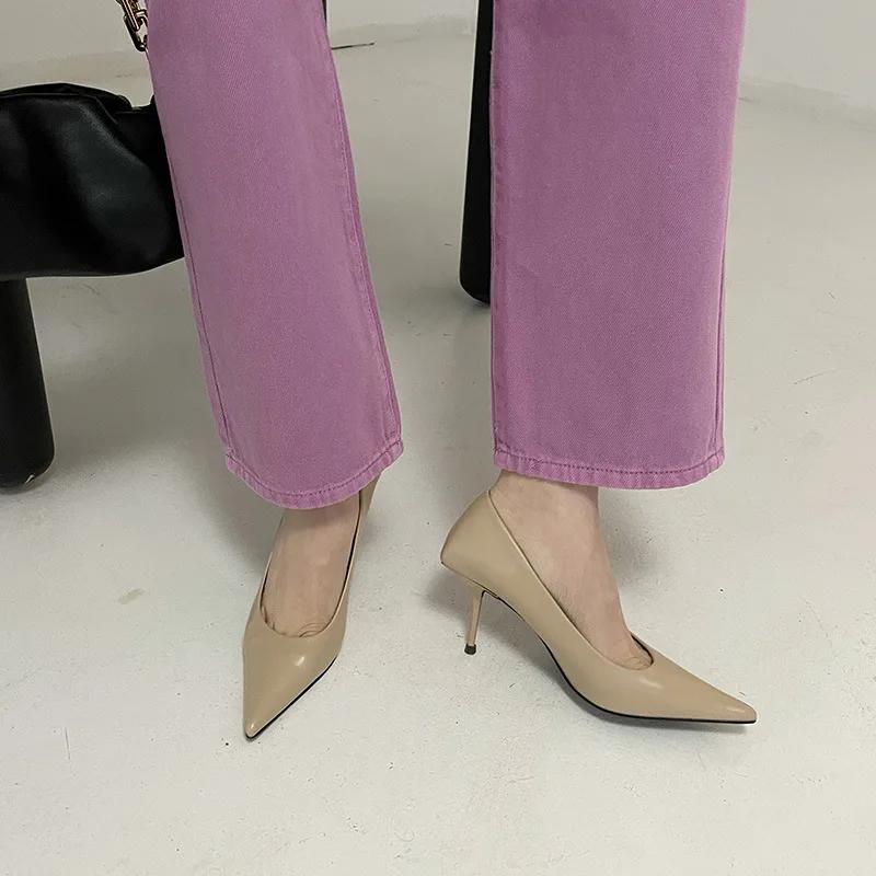 

Summer Office Lady Women Pumps Shallow PU 9CM Thin High Heels Pointed Toe Slip on Fashion Dress Sandals Shoes for Woman 35 абрикосовий