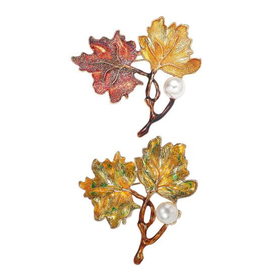 Women Brooch Maple Shape Enamel Oil Dripping Faux Pearl Decor Retro Anti-slip Polished