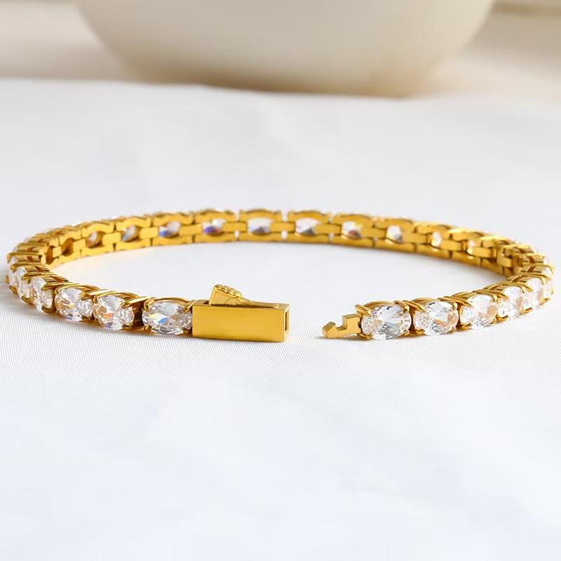 Neues PVD 18K Gold Silber Metallfarbe Beschichtetes Hip Hop 316 Edelstahl mit 4mm Breite Bling Ovaler Zirkon Tennis Kettenarmband
