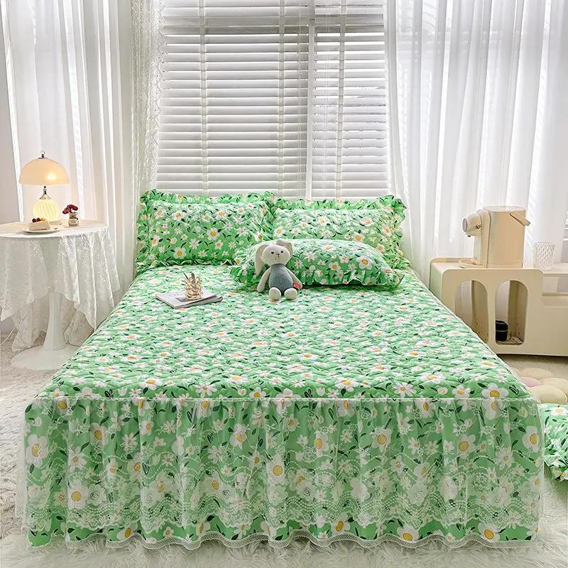 

Юбка-кровать из хлопка и льна с принтом, комплект из трех предметов, стеганое кружевное покрывало с градиентом, противоскользящее пылезащитное постельное белье, простыни 90x200cm bed skirt