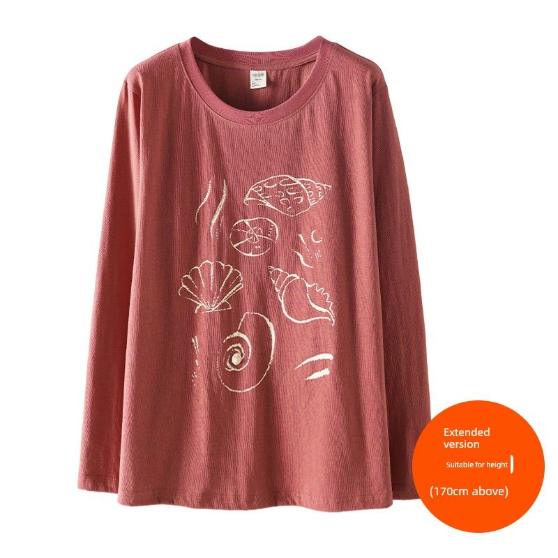 

Plus size women clothing [Korean Series Conch T-shirt] Three Clothes Length Early Autumn New Snowflake Cotton Print Long sleeve Bottoming Shirt Crimson (above 170cm) 6XL