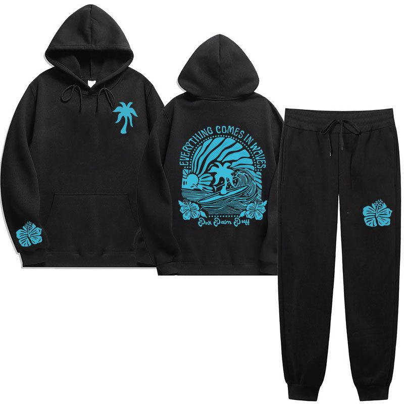 Chasing Sunsets Threaded Peripheral Printing Men's and Women's Sweatshirts Sweatpants Set Hoodie Straight Pants Set