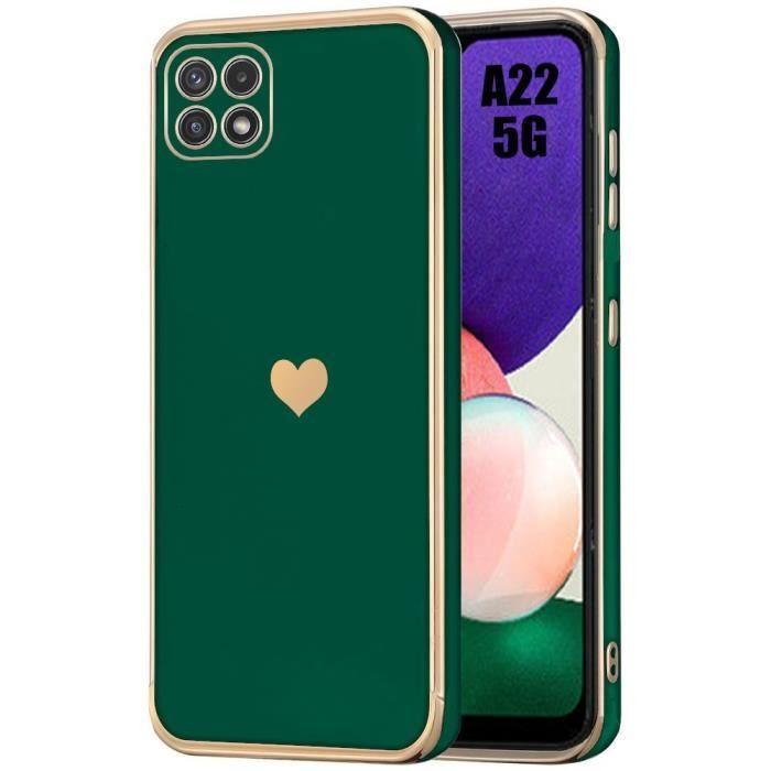 Coque de protection - Samsung - Galaxy A22 5G - Vert Nuit - Antichoc - Design Luxe Cœur Doré