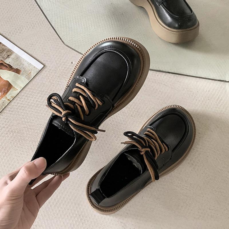 Women's College Style Lace-up Leather Shoes Thick-soled Casual Non-slip Wear-resistant Loafers