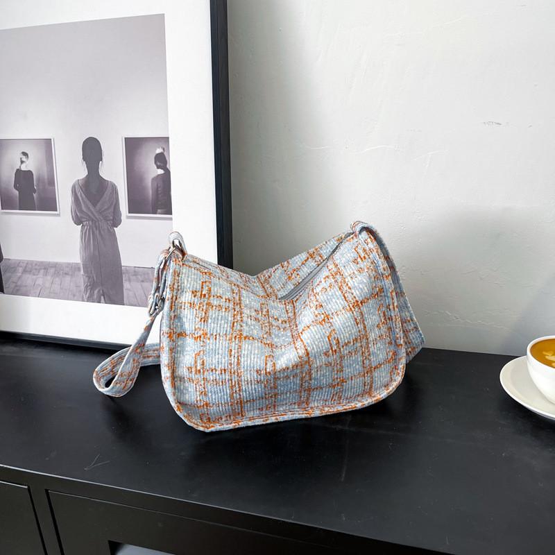 Trendy Grid Cloth Women's Bag 2024 New Korean Style Literary Large Capacity Shoulder Bag Ladies Armpit Bag Street Fashion