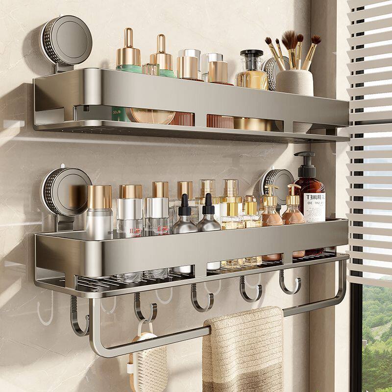 Modern Minimalist Suction Cup Bathroom Shelf With Hooks For Home Organization