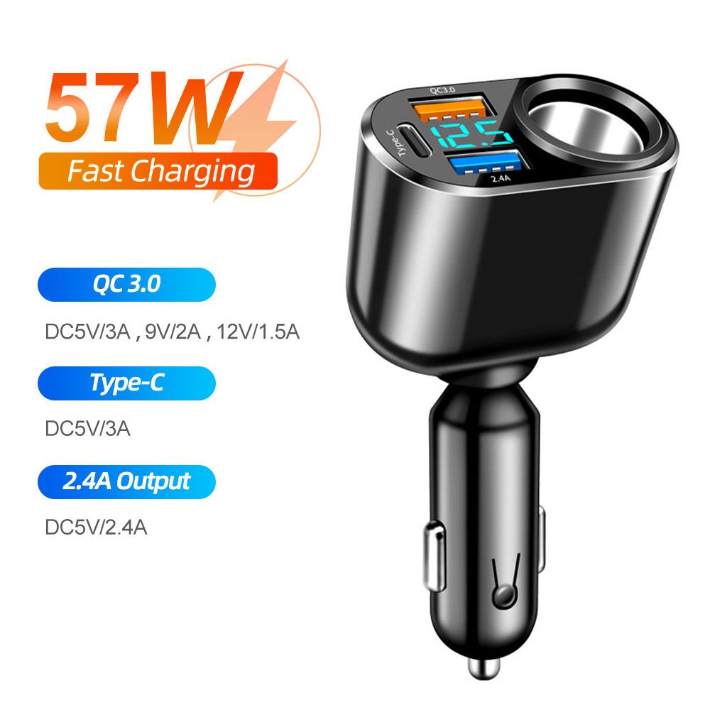 3 Ports PD+QC3.0 Car Phone Charger 12V/24V Super 66W Quick Charger 90W Car Cigarette Lighter Power Adapter Digital Voltmeter