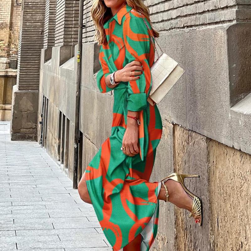 

New shirt printing pattern, bright and vibrant lapel dress, feminine temperament, all-match commuter 8079 S червоний