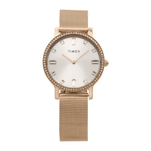 TIMEX Transcend Watch, 34mm, Silver Dial, Brass, Mineral Glass, Quartz Movement, American Brand, TW2W19200, Unisex, Pink Gold