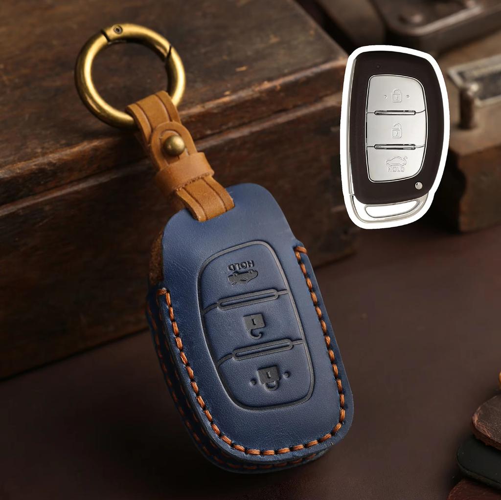 Premium Genuine Leather Key Fob Cover for Hyundai Elantra Tucson Santa Fe Flip Smart Key Shell