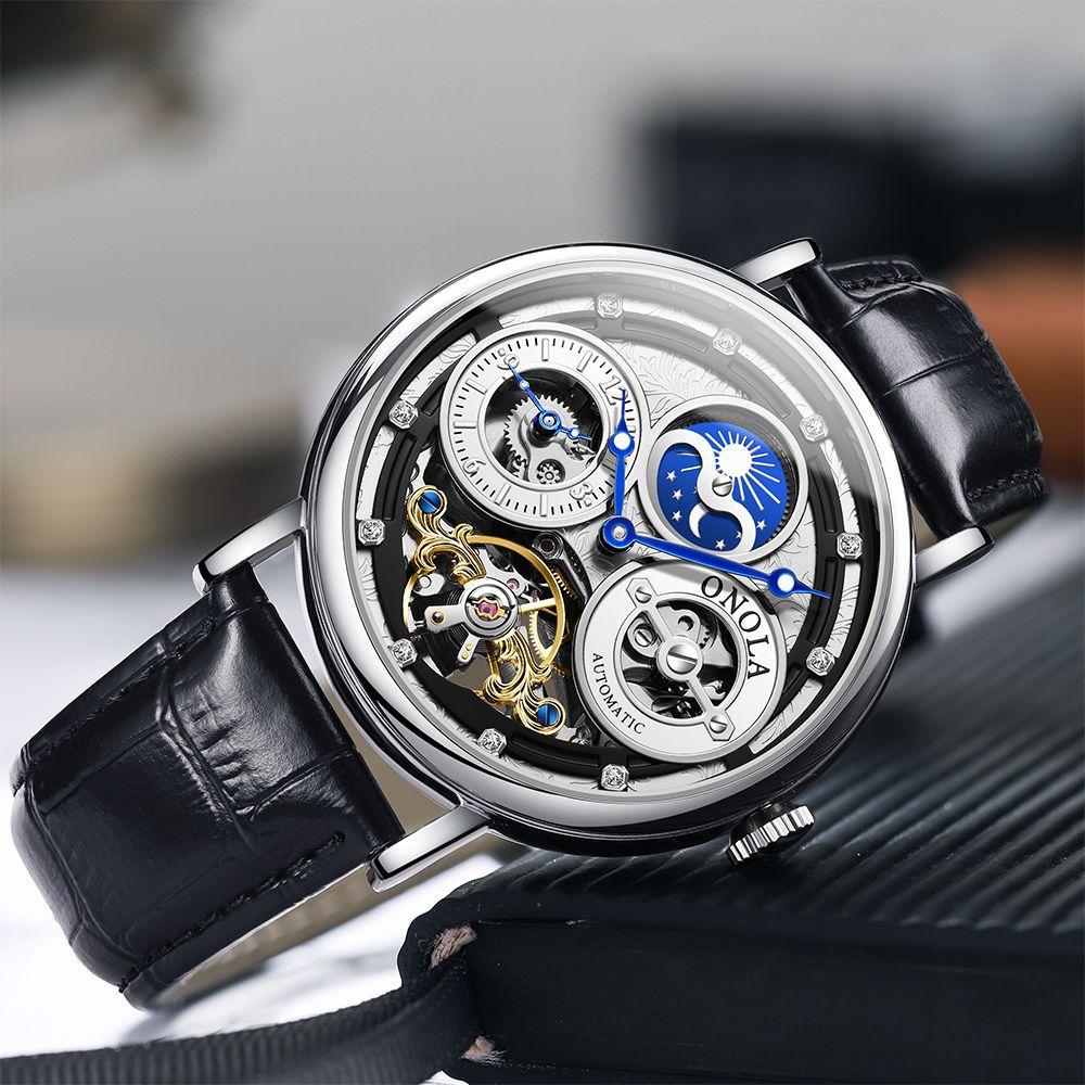Fashion ONOLA Men Automatic Mechanical Watch Men Stainless Steel Skeleton Wristwatch Men Leather Strap Watch