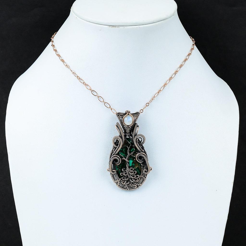 Copper Malachite & Moonstone Gemstone Pure Copper Wire Wrap Handmade Jewelry Pendant