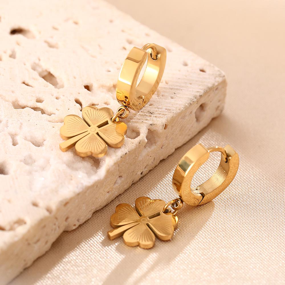 Korean Style Titanium Steel Clover Necklace and Earring Set for Women