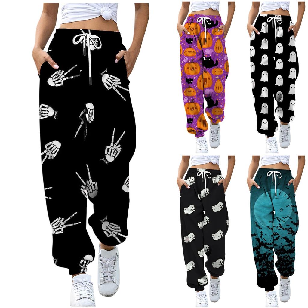 Uformelle bukser med halloweentrykk for kvinner Snøring Elastisk midje Snøringsbukser med lommer