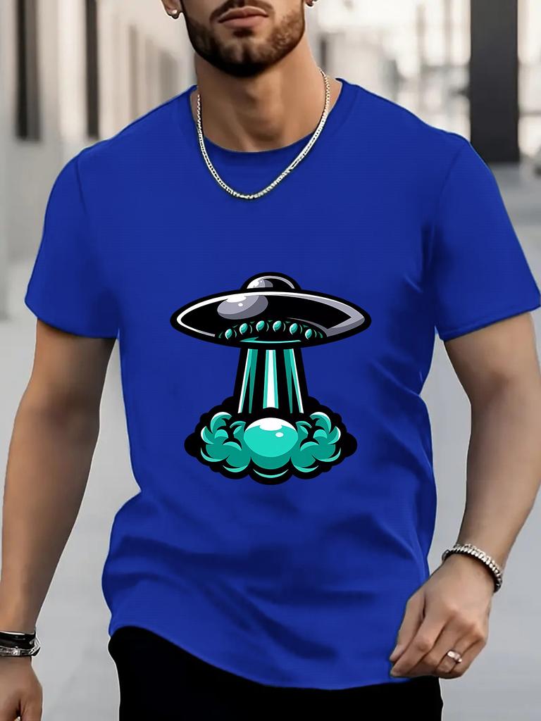 Cartoon UFO Spaceship Graphic Unisexs Crew Neck T Shirt Alien Flying Saucer Print Short Sleeve Casual Cotton Streetwear Daily Tee
