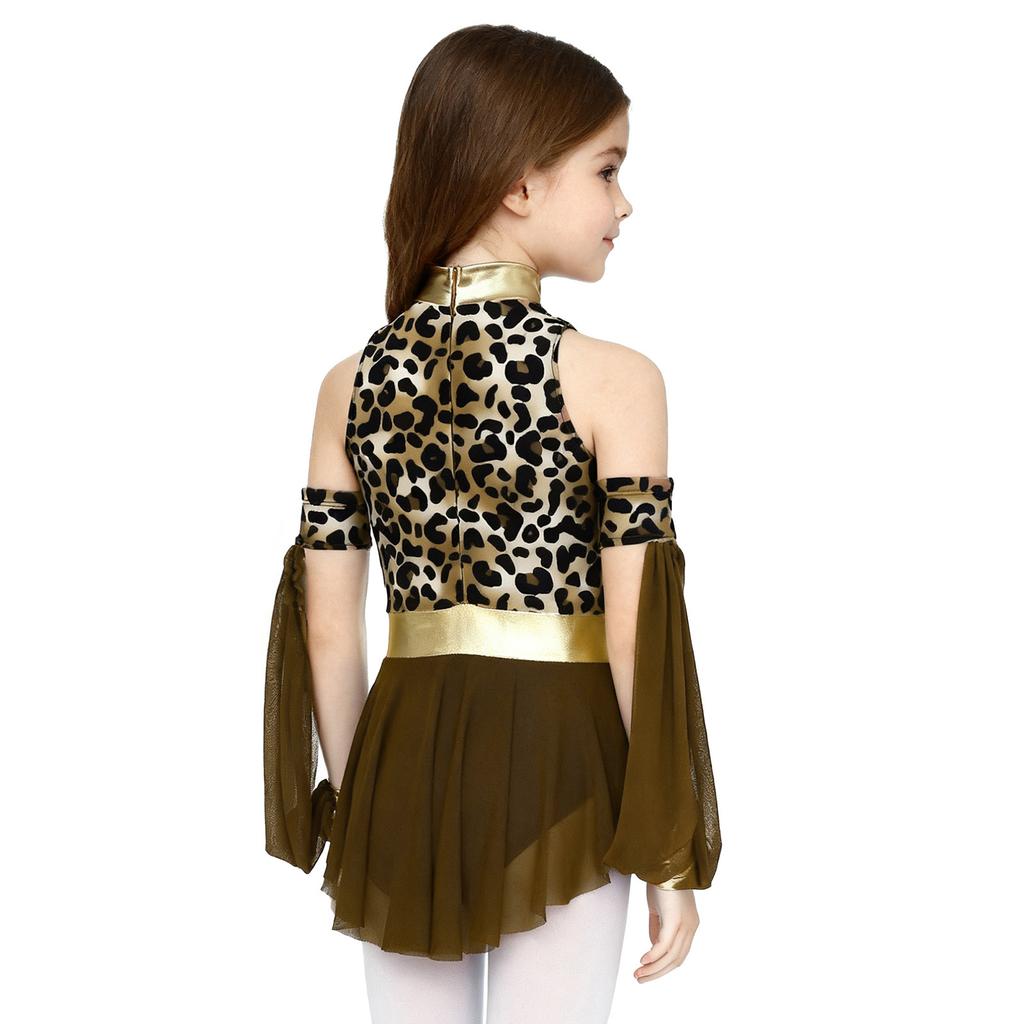 Girls Prehistoric Costume Leopard Print Dress with Built-in Briefs & Oversleeves Metallic Gloss for Performance