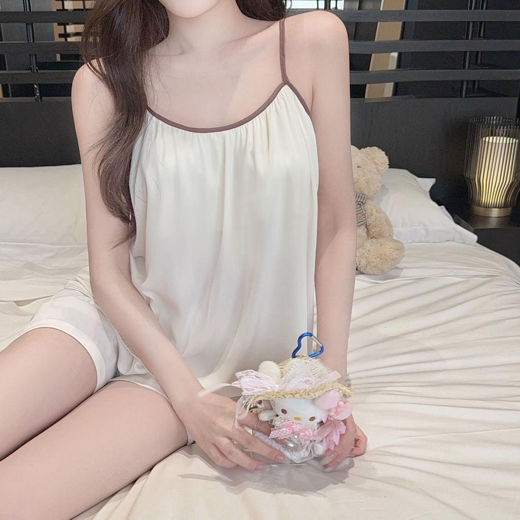 Imitation acetic acid hanging cover women's new ice silk suit thin silk high-end loungewear shorts with chest pads 111
