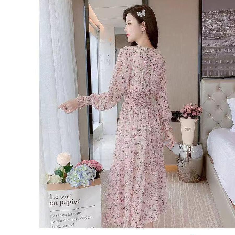 New Spring/Autumn Long Sleeve Waist Slimming High Waist Display High-Waisted Floral Chiffon Dress Long Dress