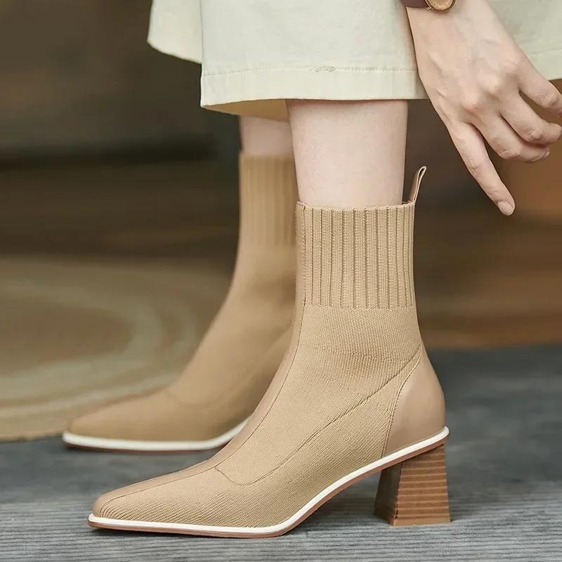 Socks Boots for Women's 2025New Square Toe Ankle Boot Fashion Woman Shoes Chunky Thick Heel British Knitted Short Boots