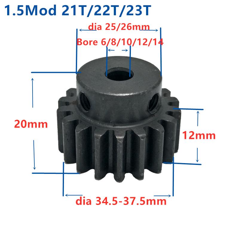 Spur Gear pinion 1.5M 21T 22T 23Teeth Mod 1.5 Width 12mm Bore 6-12mm Teeth 45# steel major gear cnc gear rack transmission RC
