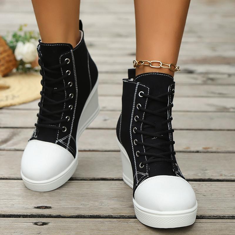 Fashion High Top Wedge Heel Sneakers for Women Fashion Mix Color Lace Up Canvas Shoes Woman Lightweight College Students Casual Sneakers
