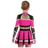 Bambina Ragazza Costume da Cheerleader 2 Pezzi Costume da Esibizione Manica Lunga Patchwork in Rete Trasparente Strass Color Block Crop Top con Gonna Pieghettata