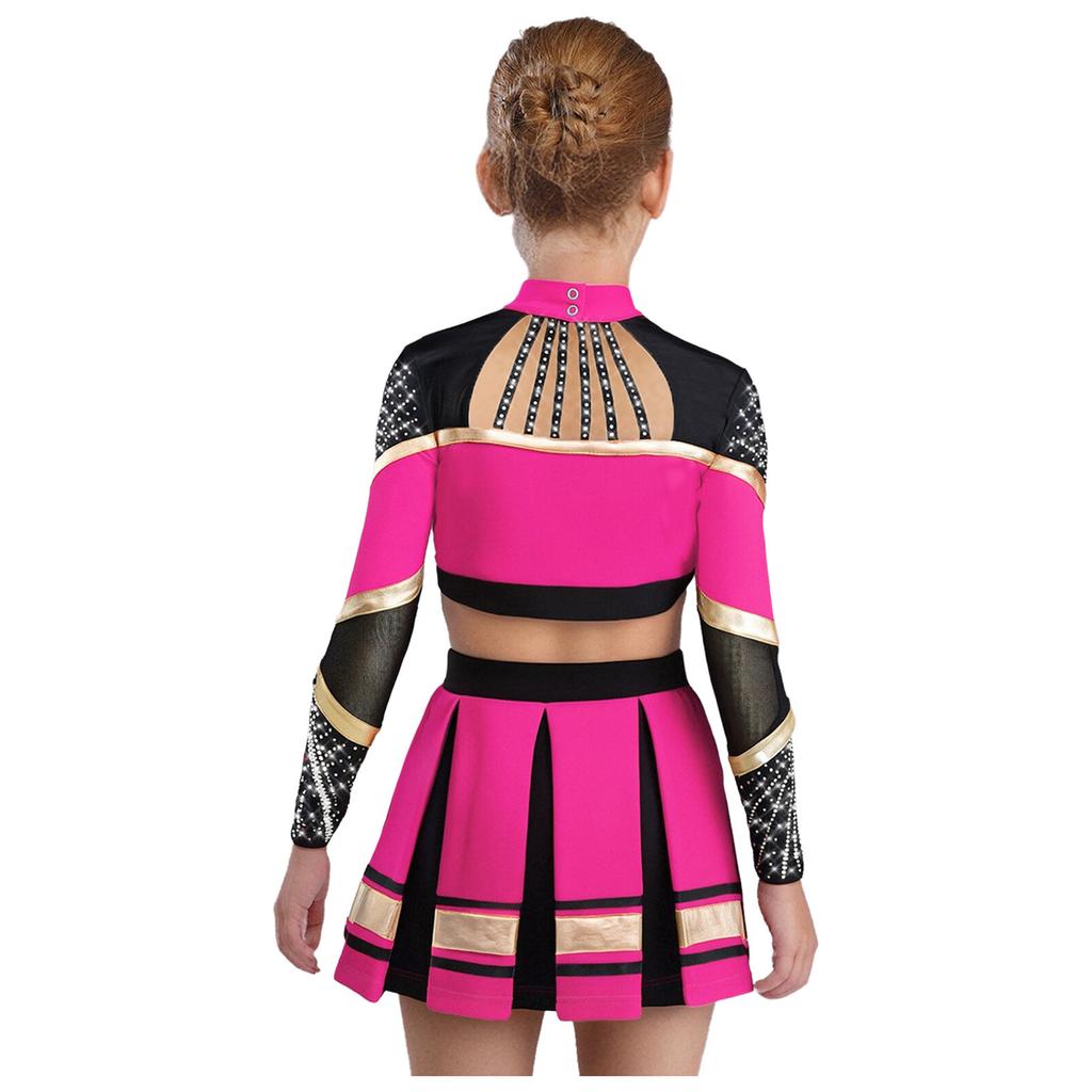 Bambina Ragazza Costume da Cheerleader 2 Pezzi Costume da Esibizione Manica Lunga Patchwork in Rete Trasparente Strass Color Block Crop Top con Gonna Pieghettata