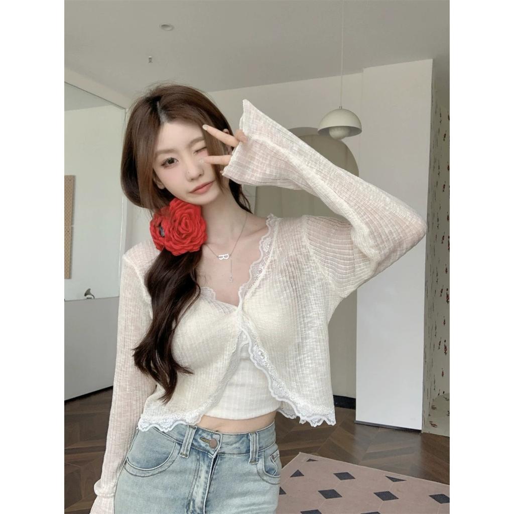 White v-neck lace edge ice silk sunscreen cardigan women's summer thin outer shawl air-conditioning shirt small vest blouse