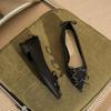 29815 [sheepskin] Flat Shoes Women's Thick Heel 2025 New Pointed Bow Low Heel Ballet Style Shoes