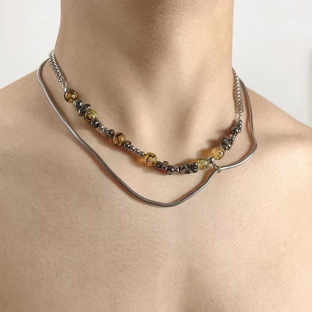 Trendy Amber Stone Spliced Irregular Beading Snake Bone Chains Double-layer Couple Necklaces for Women Men Jewelry Does Not Fade
