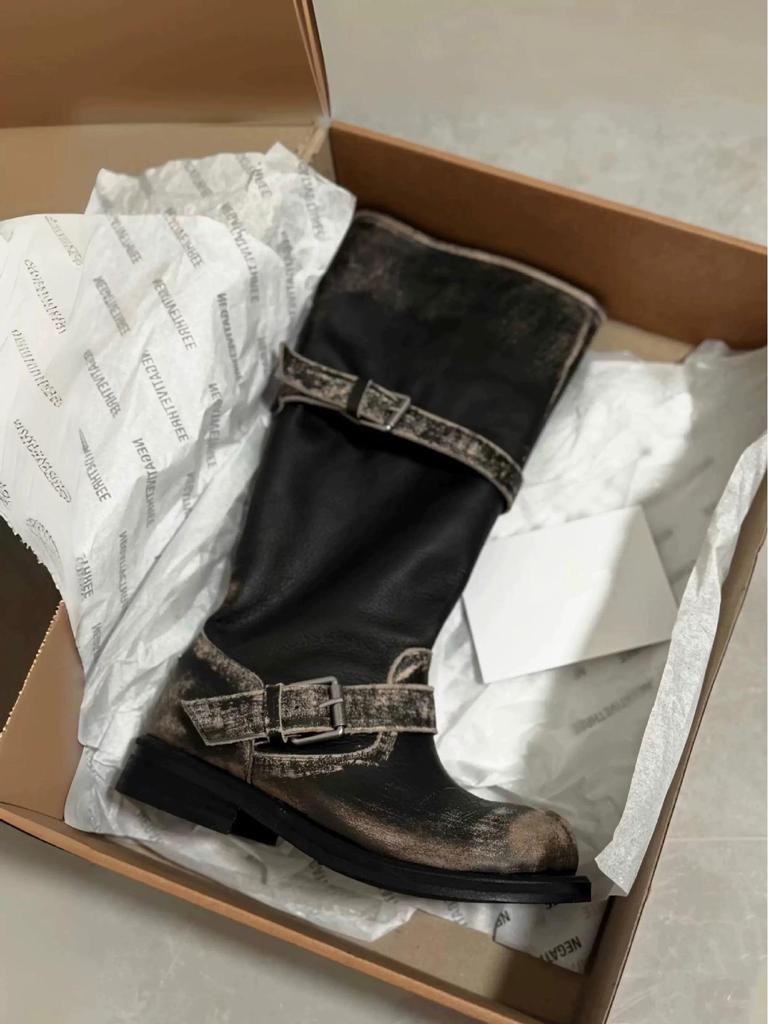 In Stock: Women's Two-Way Wear Heavy-Duty Distressed Knight Boots with Belt Buckle - Retro Style Outdoor Boots