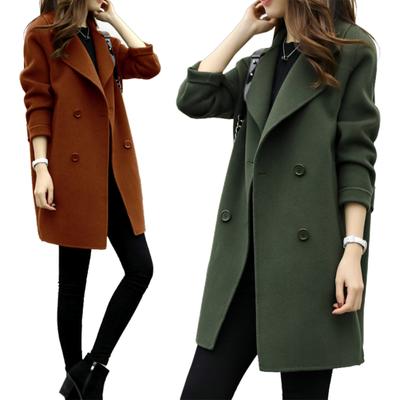 Abrigo Midi de Lana de Color Sólido con Solapa de Doble Botonadura para Mujer Otoño Invierno