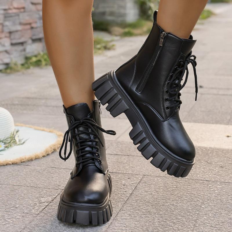 Women's Round Toe Side Zip Front Lace-Up Platform Non-Slip Short Thigh Boots Non-Slip High Heel Boots