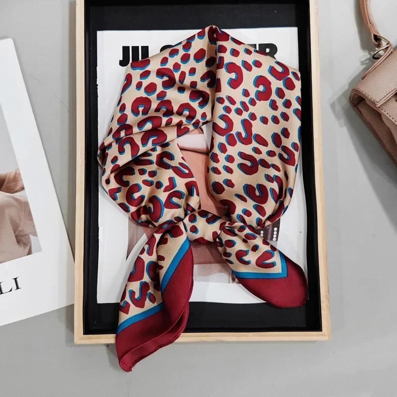 70*70cm Leopard Print Neckerchief Silk Square Scarf Women Soft Satin Hairband Classical Hijab Female Headband Foulard Decorate