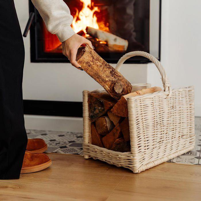 Panier à bûches - CREATIVE HOME - Cheminée - Osier 100% naturel - Avec poignée - Blanc 45x30x47 cm