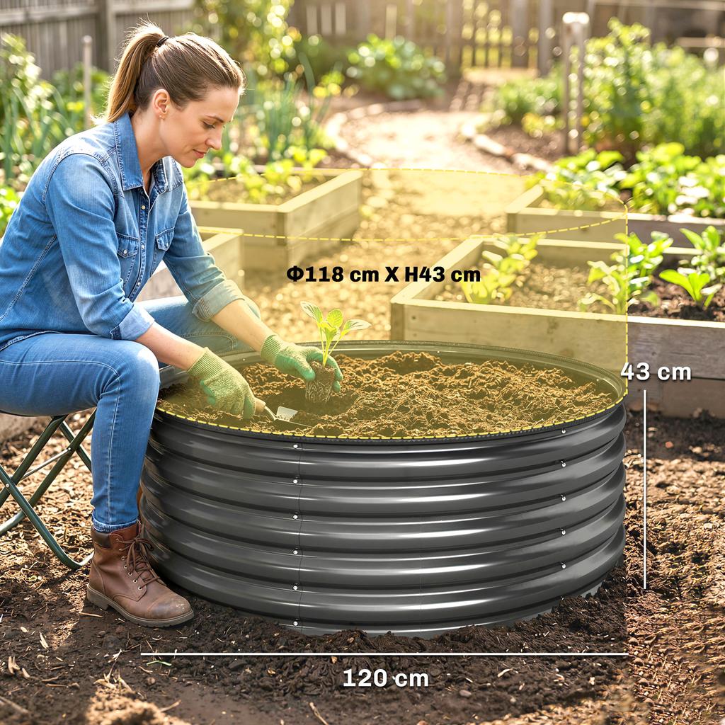 Galvanised Raised Garden Bed with Safety Edging, Outdoor Raised Planter Box with Gloves, 120 x 120 x 43cm, Dark Grey