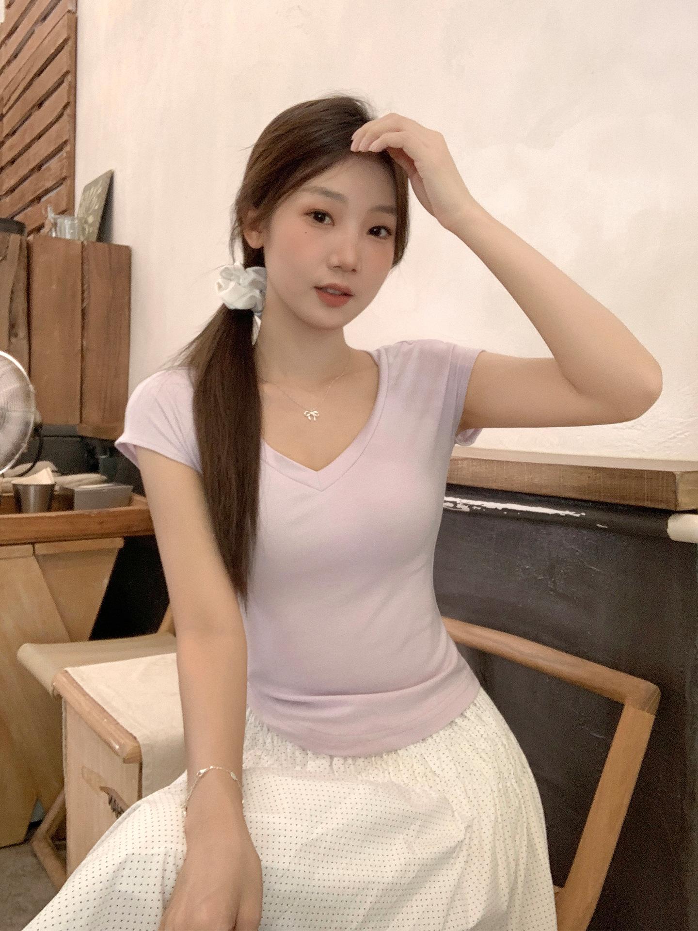 

Purple Lyocell Tencel v-neck short-sleeved T-shirt women s summer new slim-fit small cool soft cotton top S фиолетовый